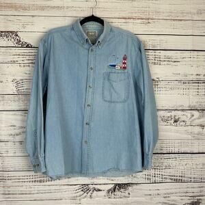 Women's Won's Wear Casual Denim Button Up Shirt Embroidered Lighthouse Size L